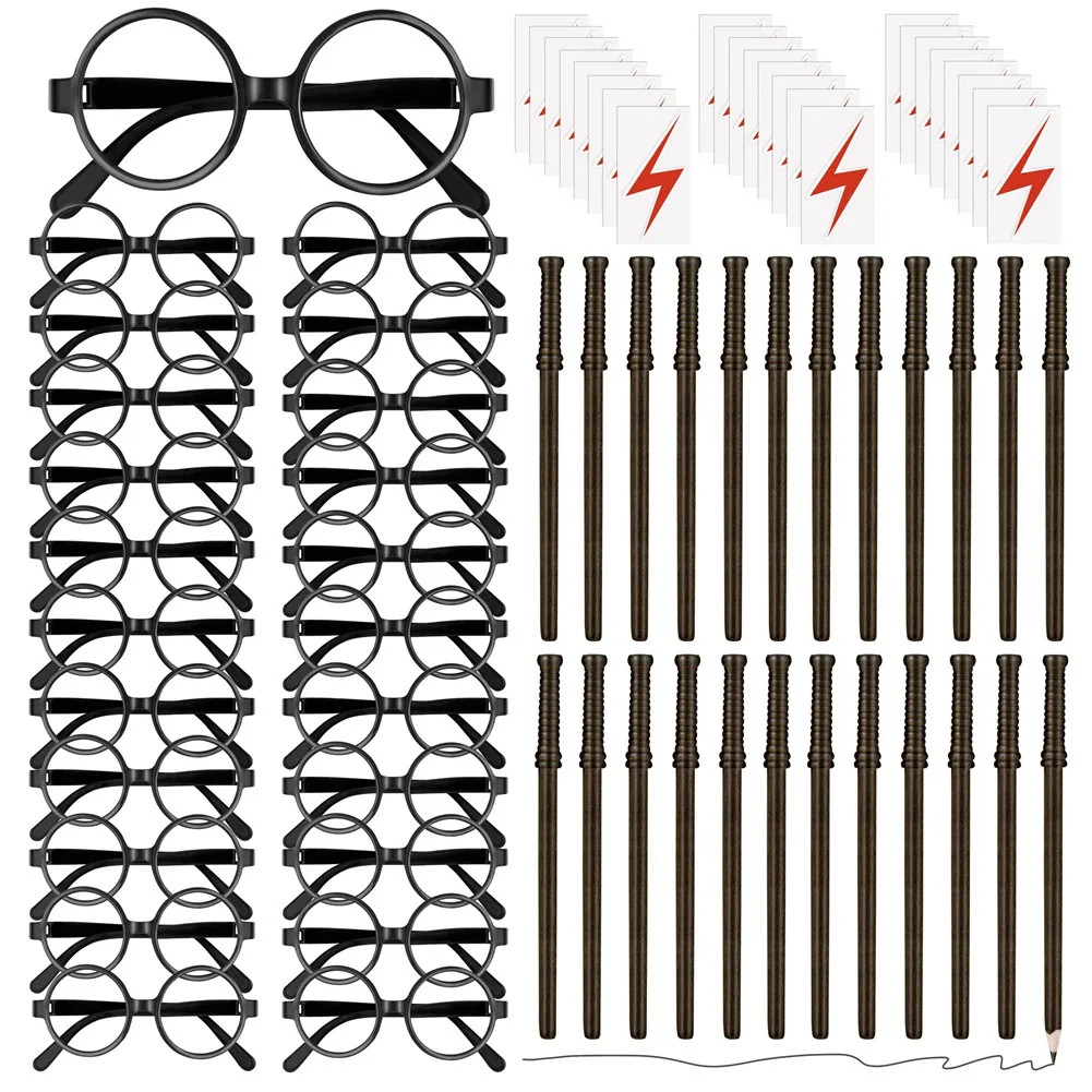 

72x Wizard Theme Party Favors Set Includes 24 Wand Pencils 24 Wizard Glasses with Round Frame No Lenses 24 Tattoos