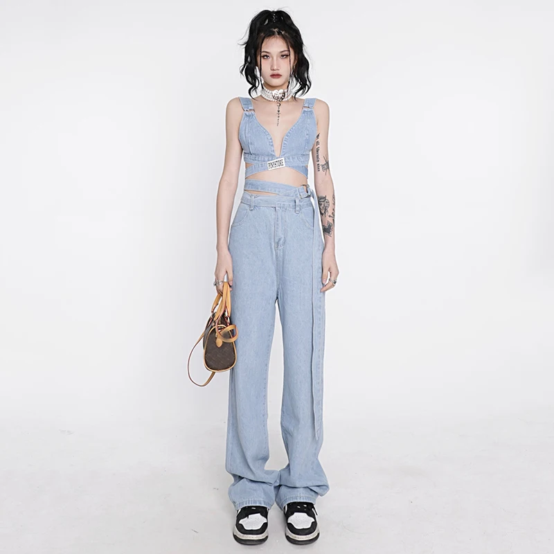 Denim Cross-Tie Sling Top Wide-Leg Cargo Pants Women Group Jazz Dance Costumes Hip Hop Stage Kpop Ourtfit Rave Clothes XS4627
Denim Cross-Tie Sling Top Wide-Leg Cargo Pants Women Group Jazz Dance Costumes Hip Hop Stage Kpop Ourtfit Rave Clothes XS4627