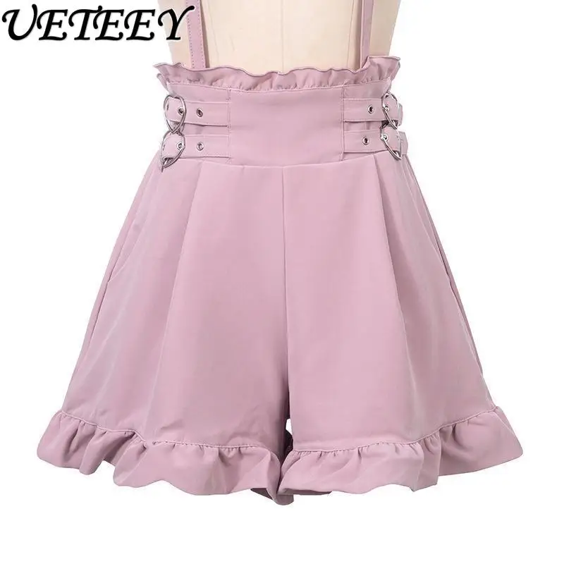 

Mine Mass-Produced Casual All-Matching Short Pants Love Pink Preppy Style Sweet Girls Elastic Waist Ruffled Suspender Shorts