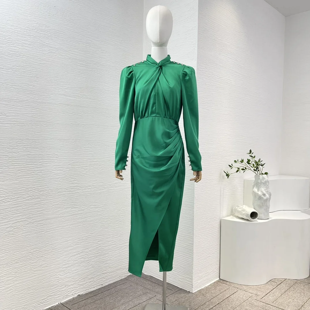 

Diamonds 2024 New Graceful Green Cross Knot Front Long Sleeve Side Slit Satin Folds Women Midi Dress