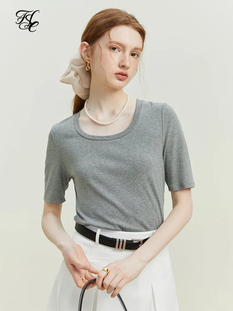 FSLE U-Neck Women Knitted T-Shirts Office Lady Front Shoulder Slim Short Sleeve Tops Summer Twill Women Strech Knitted Tees
FSLE U-Neck Women Knitted T-Shirts Office Lady Front Shoulder Slim Short Sleeve Tops Summer Twill Women Strech Knitted Tees