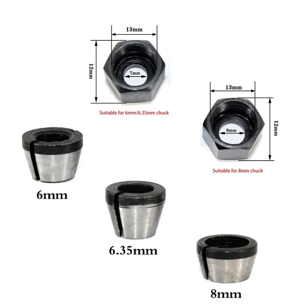 6/6.35/8mm Collet Trimmer Chuck Adapter With Nutsplit Bushing Converters For Engraving Trimming Machine Wood Router Power Tools
6/6.35/8mm Collet Trimmer Chuck Adapter With Nutsplit Bushing Converters For Engraving Trimming Machine Wood Router Power Tools