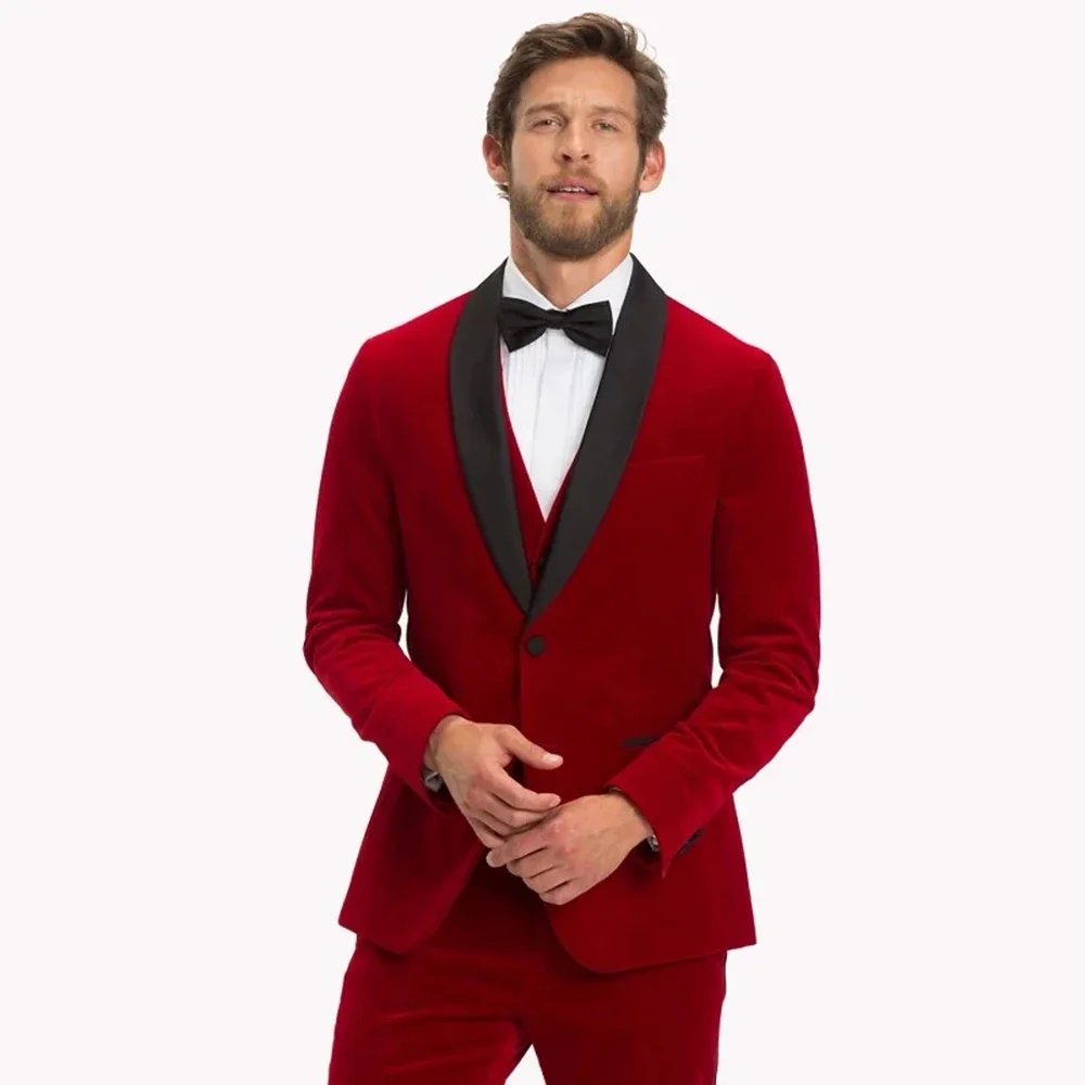 

2024 Red Notch Lapel Velvet Formal Wedding Suit For Men Groom Tuxedo Prom Blazers Hombre High Quality 3 Piece Set Costume Homme