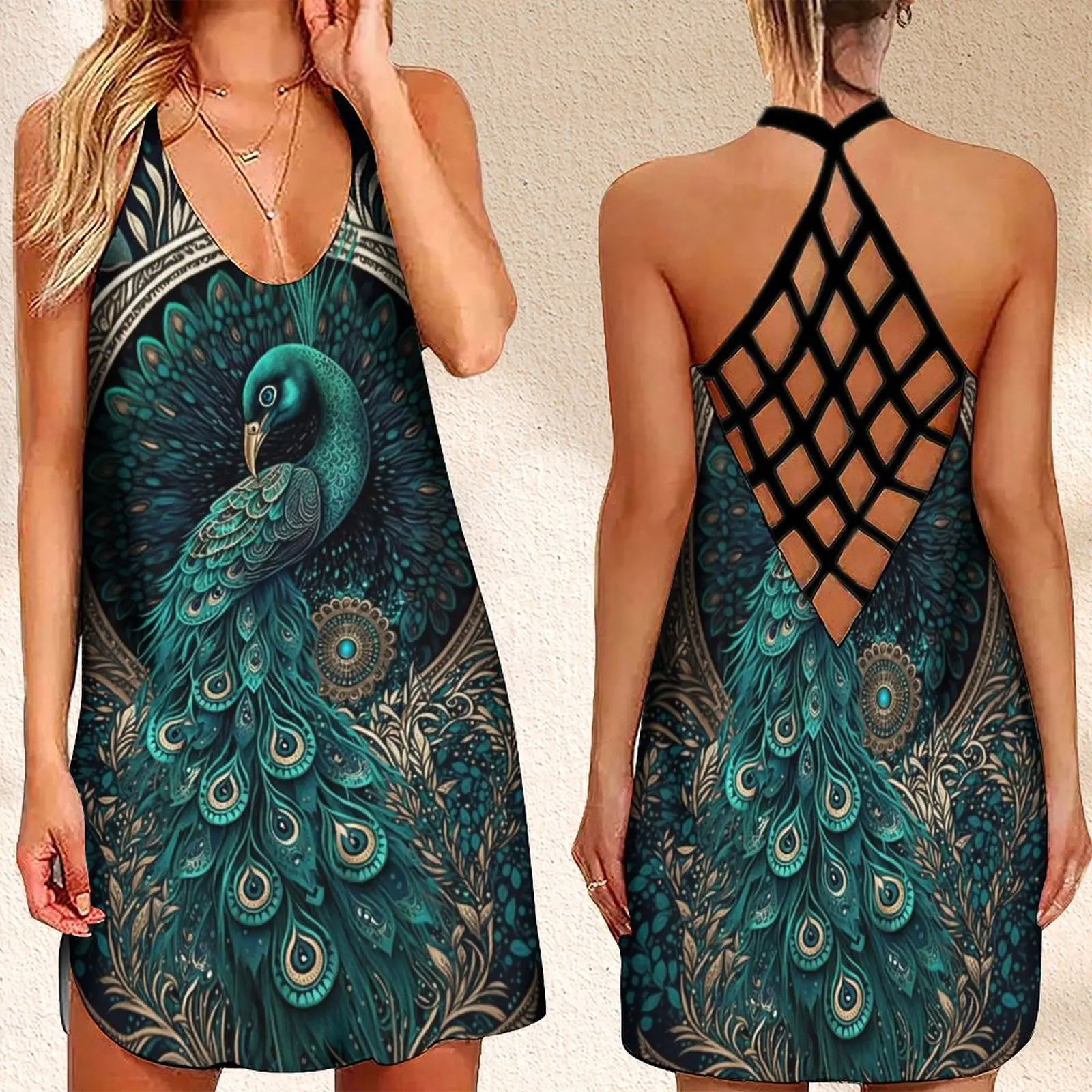 

New Women's Criss Cross Backless Sleeveless Dress SummerMandala Bohemia Print Women's Dress