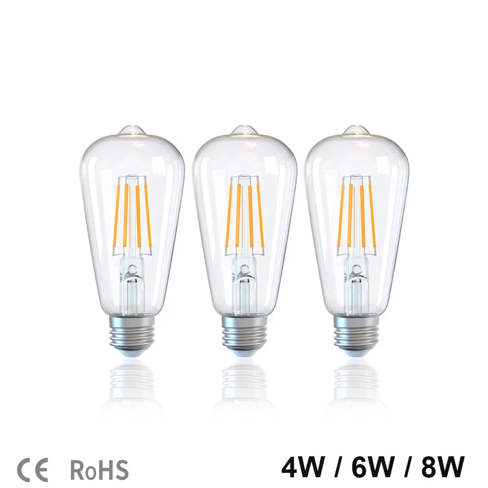 

E27 LED ST64 4W 6W 8W Edison Retro Vintage Filament 85V-265V Warm white 2700K 4500K 6500K COB LED Bulb Light Lamp