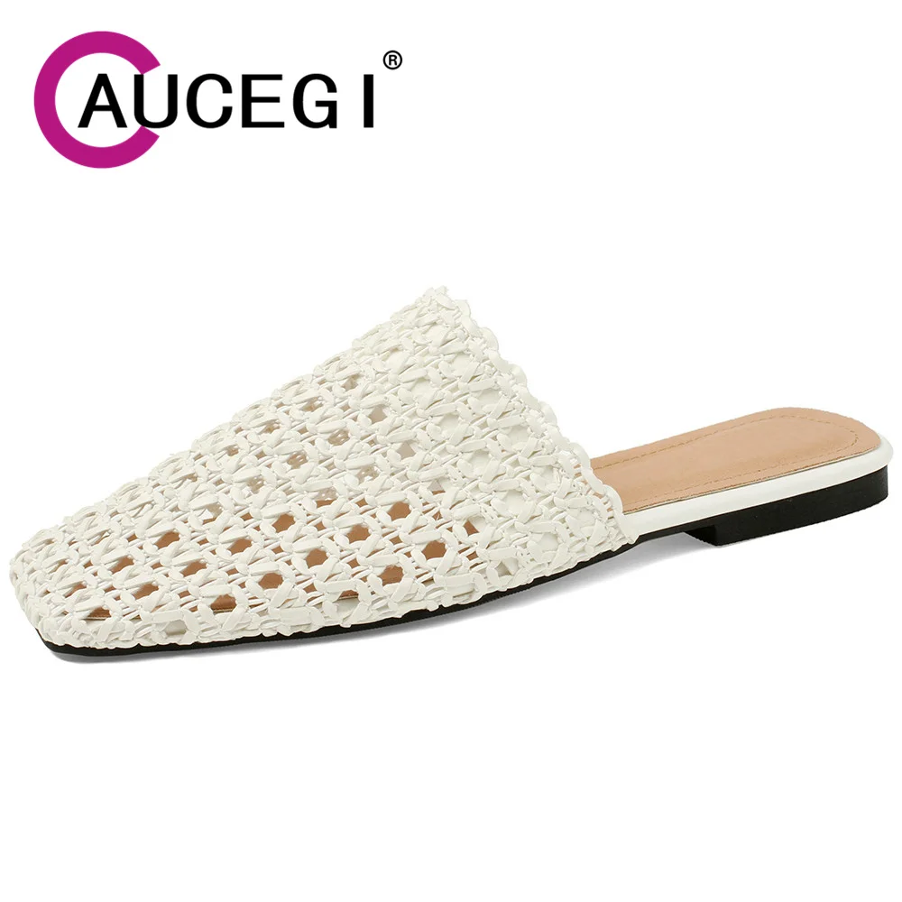 

Aucegi Vintage Weave Slingback Sandals Close Square Toe Flat Heels Mules Women Slide Breathable Lazy Slip On Cozy Dress Shoes