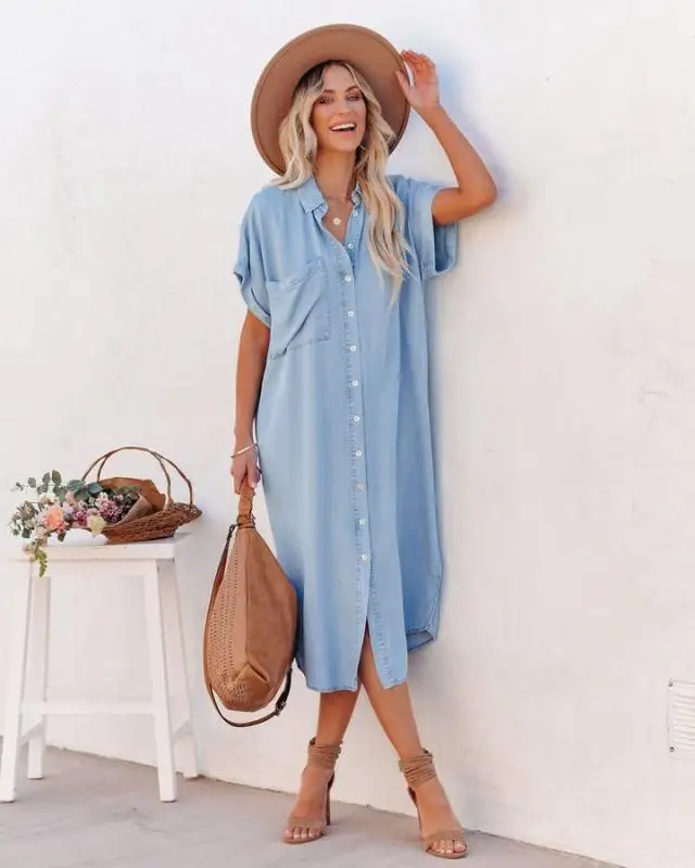 New Fashion Casual Solid Color Denim Lapel Pocket Short sleeved Dress Mid length Split Lined Dress Women's Robe
New Fashion Casual Solid Color Denim Lapel Pocket Short sleeved Dress Mid length Split Lined Dress Women's Robe