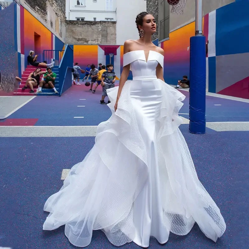 Off Shoulder Satin Mermaid Wedding Dresses 2024 Modern with Tulle Detachable Train 2 IN 1 Bridal Gown Vestidos De Novia
Off Shoulder Satin Mermaid Wedding Dresses 2024 Modern with Tulle Detachable Train 2 IN 1 Bridal Gown Vestidos De Novia