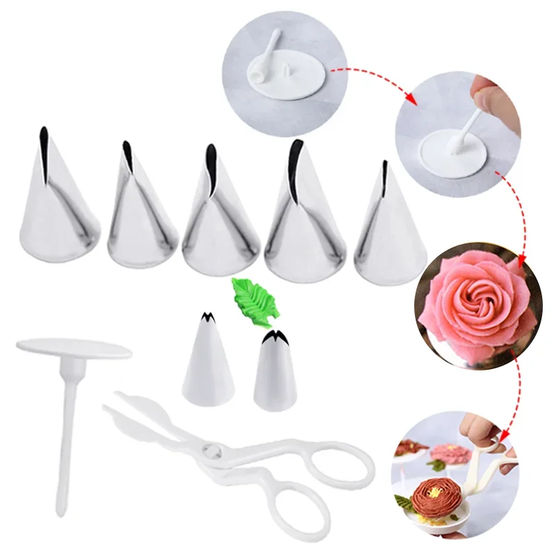 

2/5/9pc Flower Scissor Cake Tray Tulips Rose Nozzle Nail Decor Lifter Fondant Cream Decorating Dessert Shop Kitchen Baking Tools