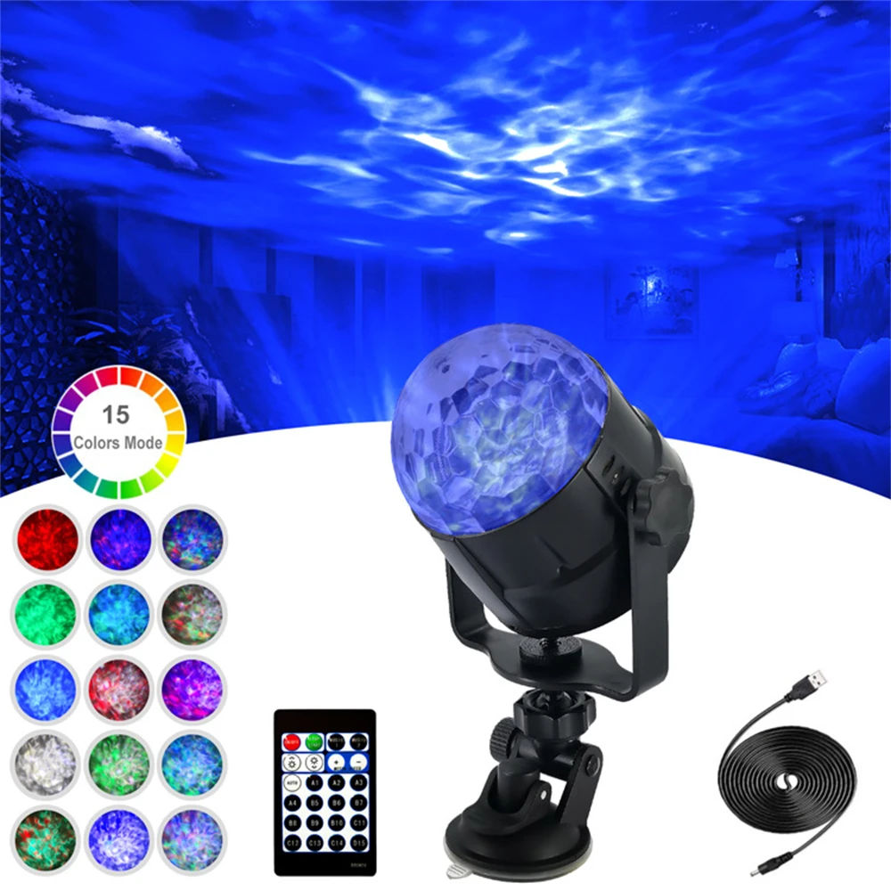 

USB 5V Ocean Water Wave Light 15 Colors DJ Stage Crystal Ball Flame Laser Projector Lamp for Wdeeing Xmas Bar Disco Party Decor