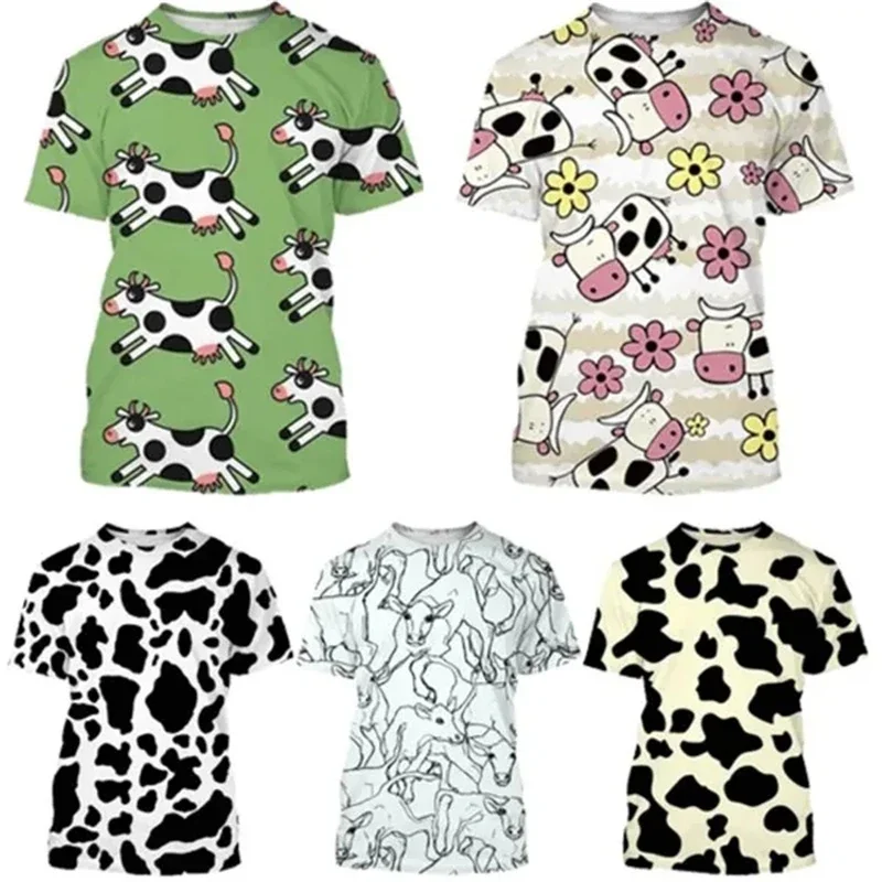 

2024 Summer New Fashion Cow Pattern 3d Printing O Collar Short Sleeve Interesting Graphic T-shirt Casual Loose Breathable Top