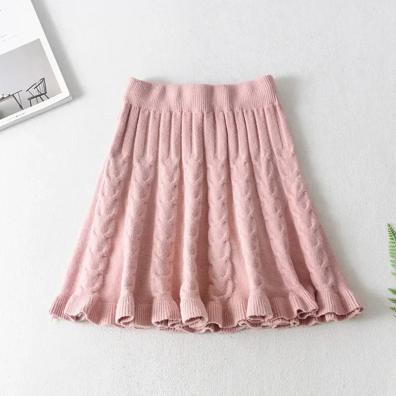 

Knitted Solid Color Skirt Flounce Fried Dough Twists Skirt New A-line Fishtail High Waist for Girls College Autumn and Winter