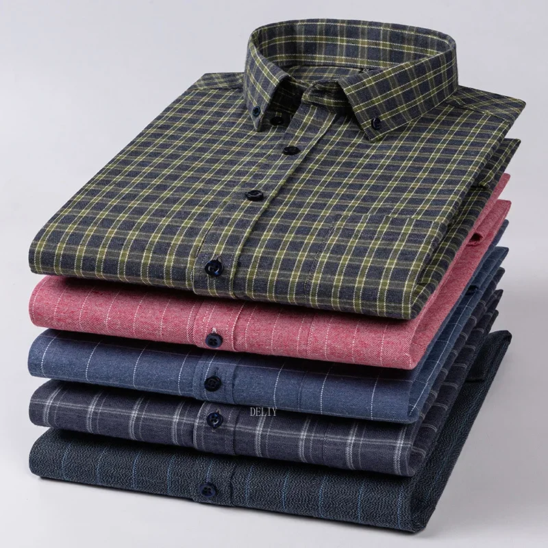 

Men's Brushed Shirt with Pocket Casual Plaid Striped Shirts 100% Cotton Flannel Standard Fit Long Sleeve Plus Size