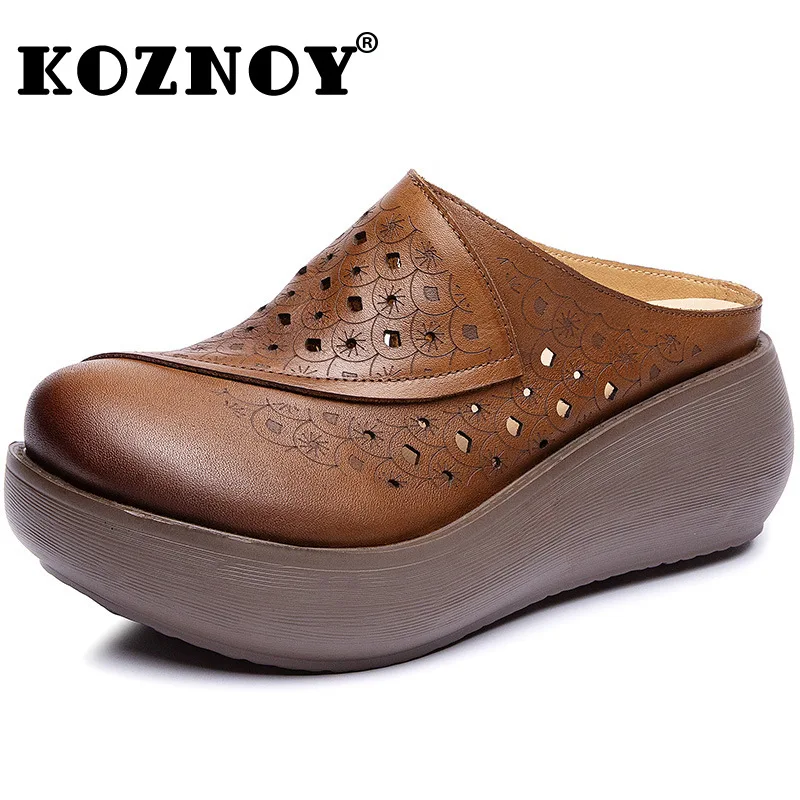 

Koznoy 6cm Ethnic Genuine Leather Summer Spring Round Sandals Ladies Women Platform Wedge Shoes Luxury Slipper Mary Jane Fashion