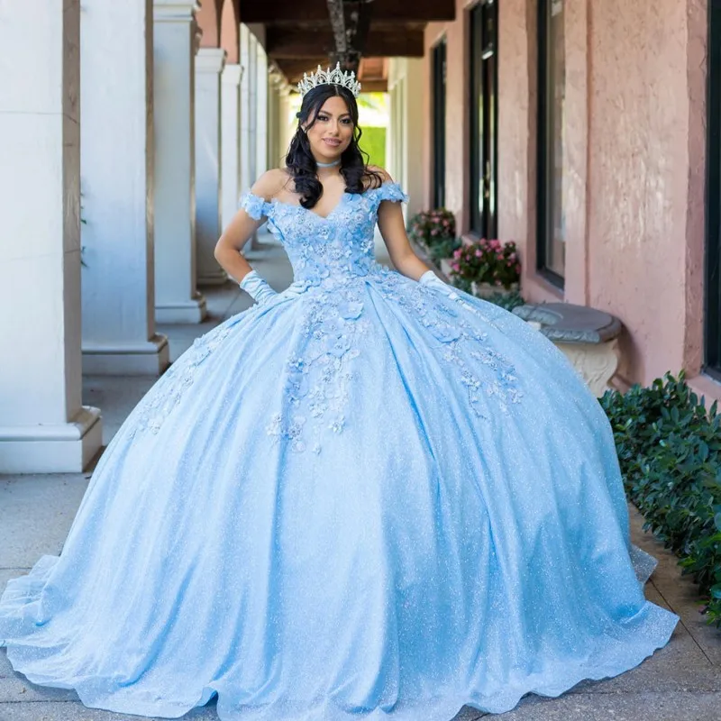 Doymeny Sequins Blue Sparkly Ball Gown Quinceanera Dresses 3DFlower Applique Off Shoulder Sweet 15 16 Dress Birthday Party Wear
Doymeny Sequins Blue Sparkly Ball Gown Quinceanera Dresses 3DFlower Applique Off Shoulder Sweet 15 16 Dress Birthday Party Wear
