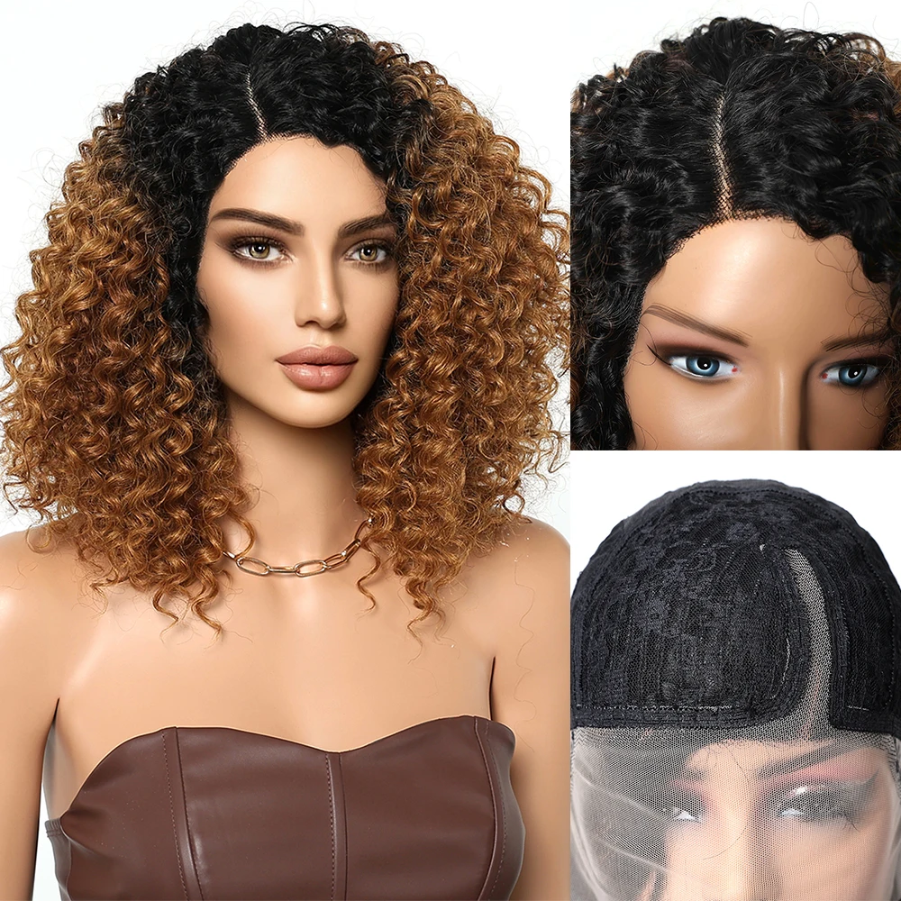 

Afro Kinky Curly Lace Front Synthetic Wigs Golden Brown Blonde Short Culy Bomb Wig Dark Root Hair for Black Women Brazilian Wigs