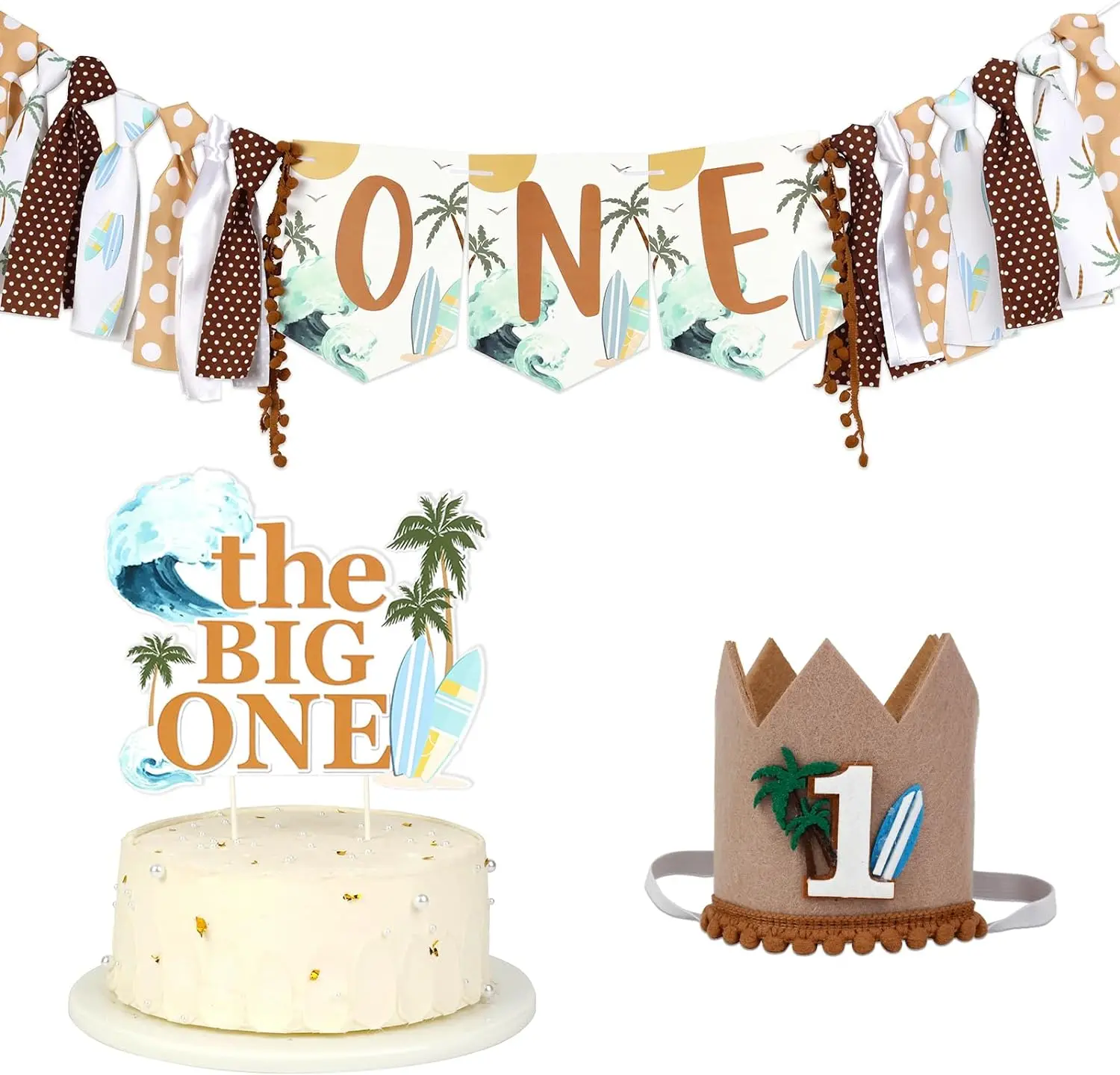 

Surf 1st Birthday Party Decor The Big One Cake Topper High Chair Banner Felt Crown Hawaiian Beach Swimming Pool Surfboard Party