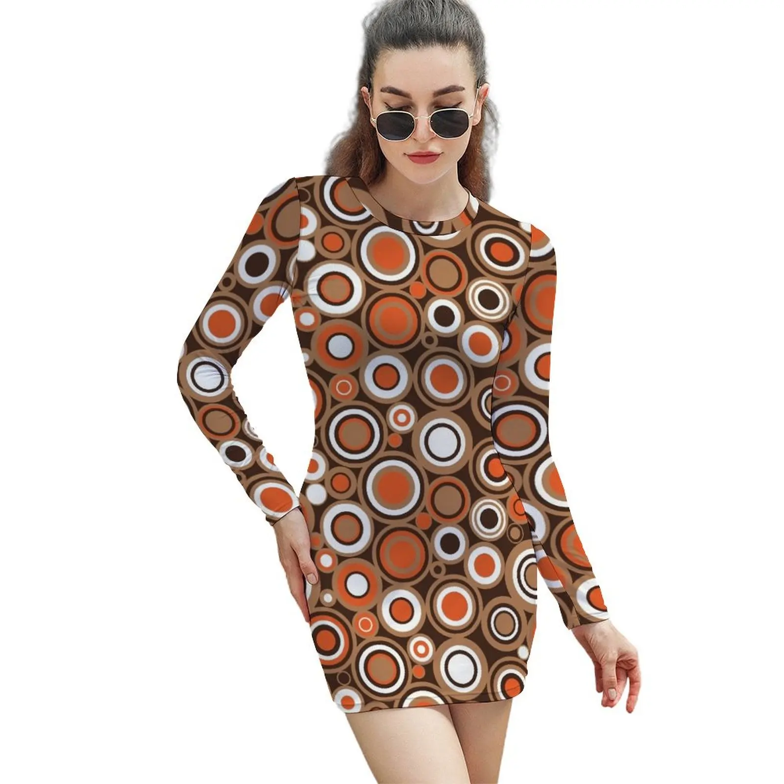 Orange, White and Brown Circle Retro Pattern Long-Sleeved Sheath Dress Women long dress Bride dresses
Orange, White and Brown Circle Retro Pattern Long-Sleeved Sheath Dress Women long dress Bride dresses