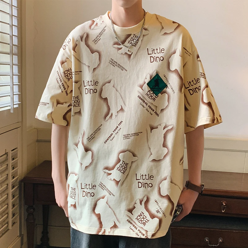 

Hong Kong fashion take fried street men's texture ice silk full print large size loose round neck off short sleeve T-shirt