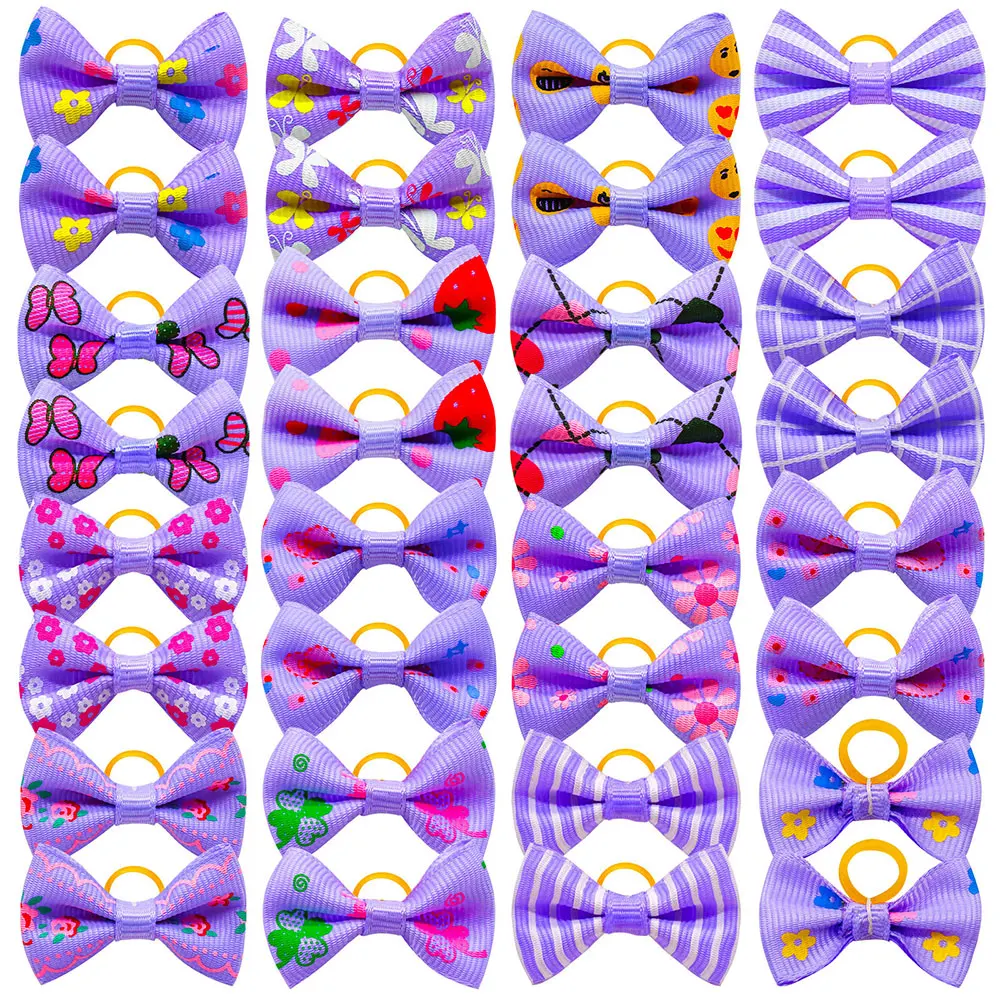 

10/20/30pcs Purple Pet Hair Bows Dog Bowknot Grooming Plaid Doggy Bows with Rubber Bands For Small Dogs Cat Puppy Dog Supplies