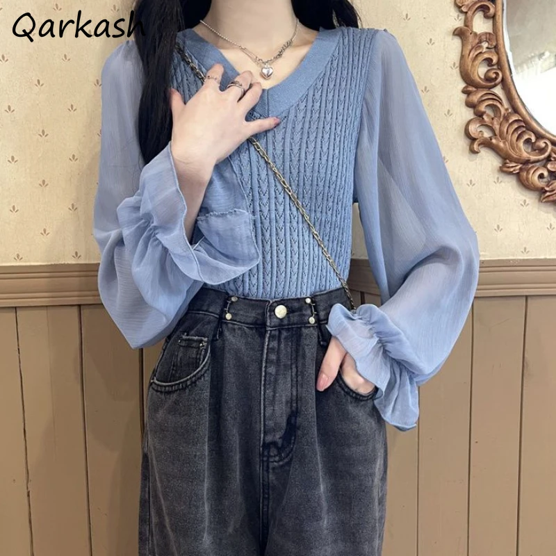 

Pullovers Women Loose Fitting New Korean Style Spliced Flare Sleeve V-neck Breathable Knitwear Elegant Streetwear Soft Slim Chic