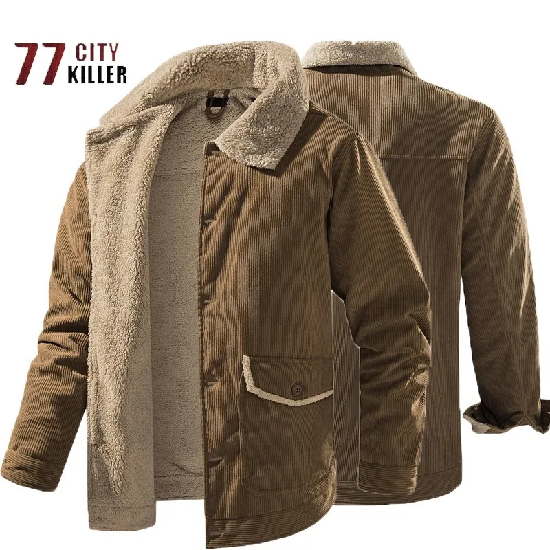 

2024 Winter Lamb Fleece Thickened Jacket Men's Lapel Corduroy Solid Color Casual Fashion Loose Coat Men's Streetwear Jaquetas