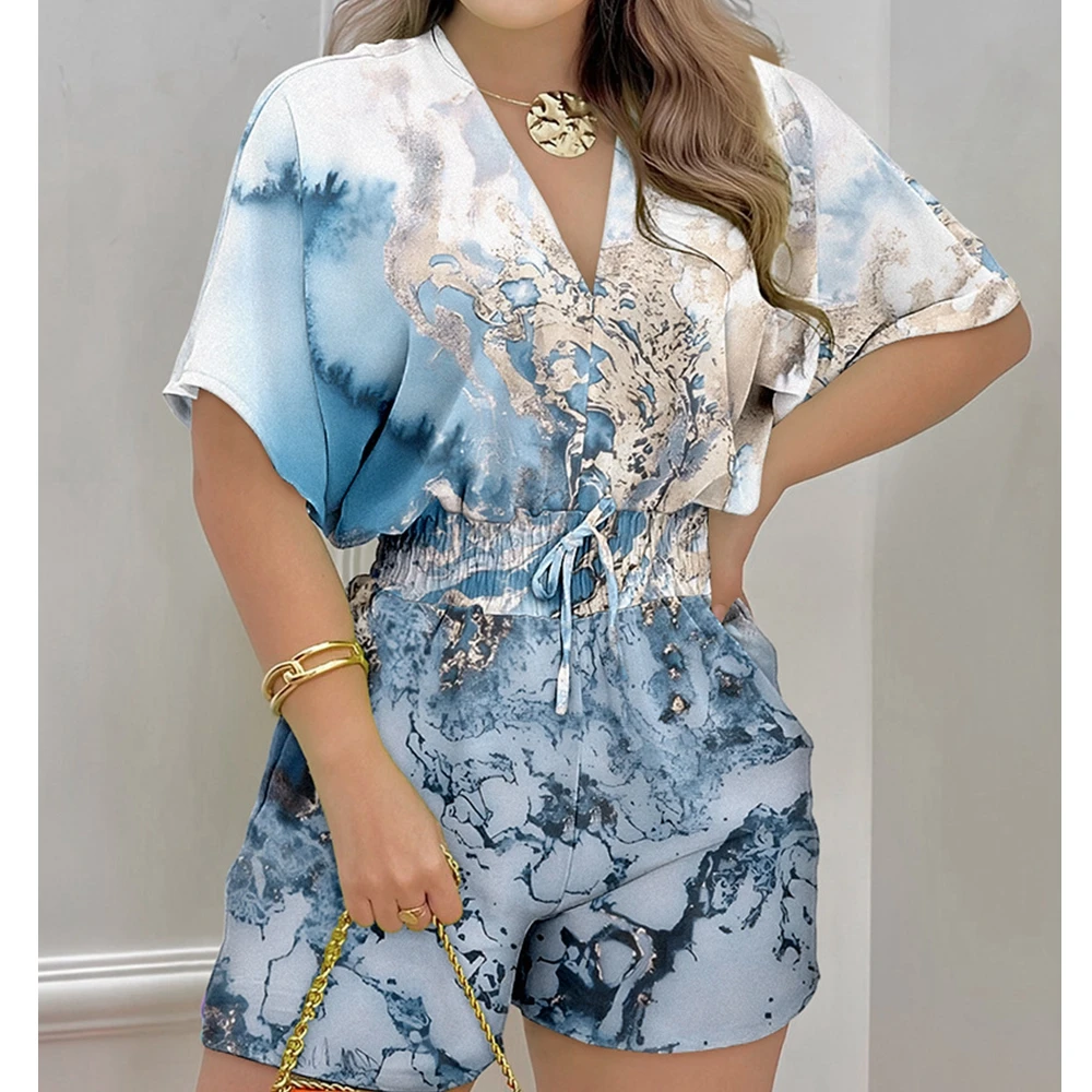 

Wepbel Summer Jumpsuits Women Batwing Sleeve Short Sleeve Smocking Fitted Playsuits V-neck Printing Shirred Waist Romper