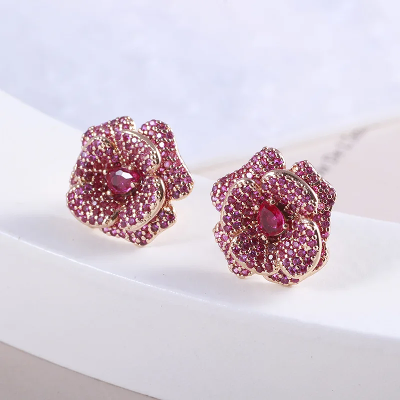 

European and American Fashion Three-dimensional Rose Camellia Shape Inlaid Stud Earrings For Women