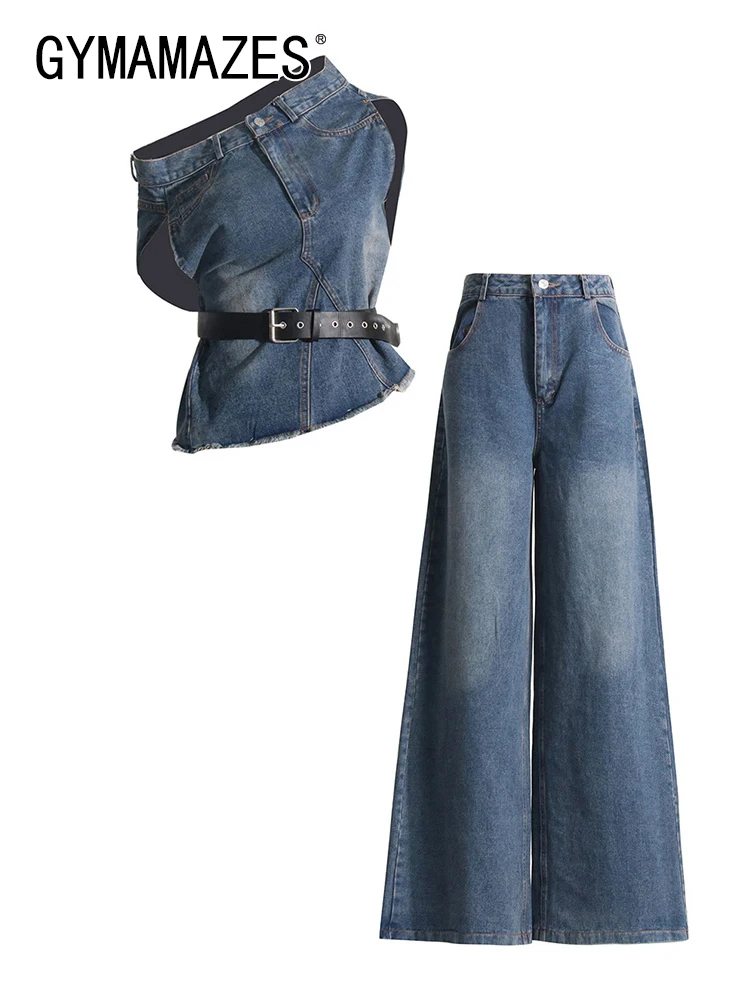 GYMAMAZES Denim Two Piece Sets For Women Slash Neck Sleeveless Spliced Belt Tops High Waist Wide Leg Pants Solid Set Female 2023
GYMAMAZES Denim Two Piece Sets For Women Slash Neck Sleeveless Spliced Belt Tops High Waist Wide Leg Pants Solid Set Female 2023