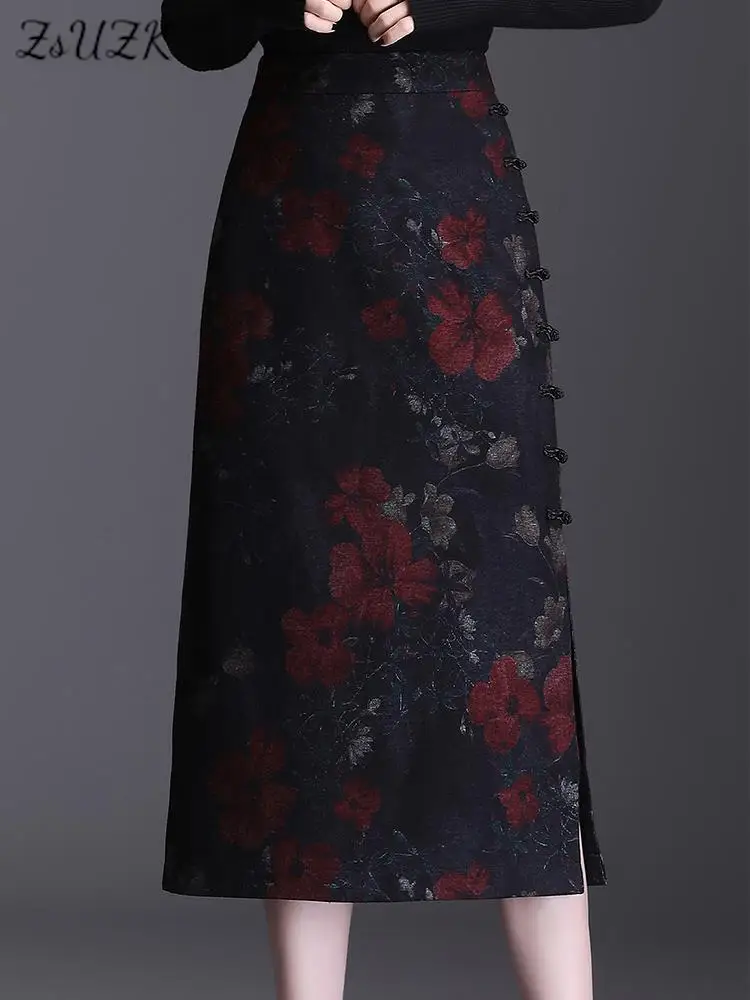 

ZUZK Woolen Print Split Skirt For Women Autumn Winter 2023 New High Waisted Slimming Mid Length Wrap Skirt