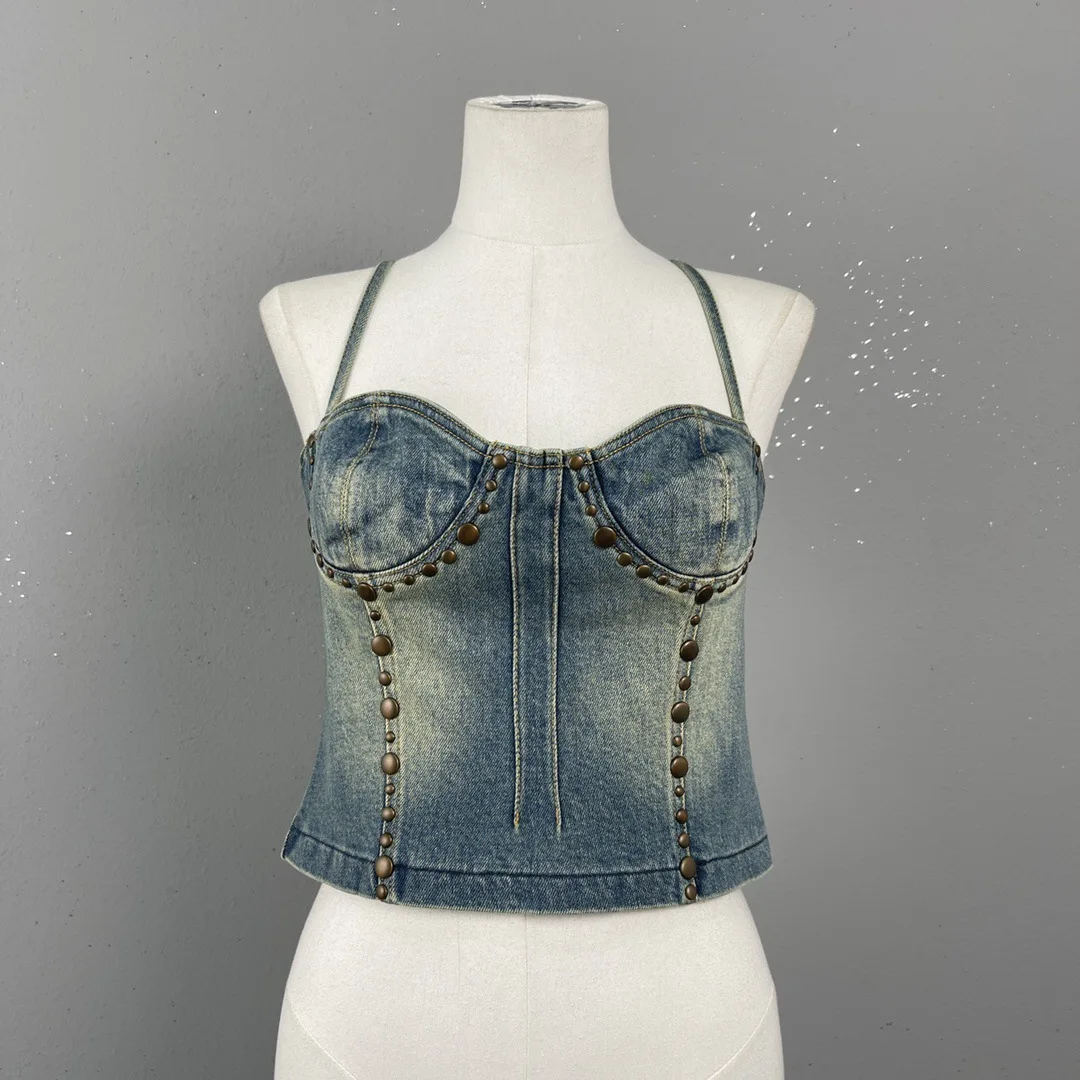 

2023 High quality fashionable tank top denim top for female niche summer new design sense waistband short style spicy girl style