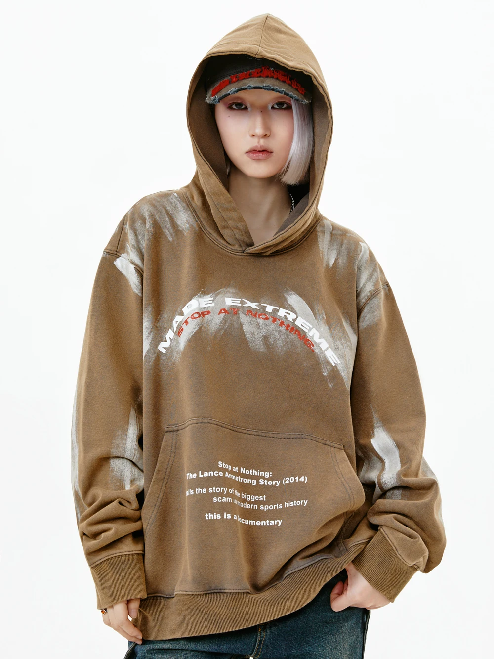 

Kangaroo Dirty Graffiti Letter Print Loose Large Hoodies for Women Men Distressed Goth Aesthetic Brown Winter Clothes Pullovers