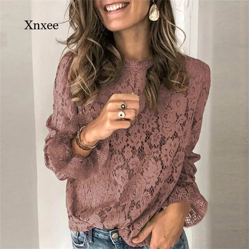 

Women's Spring Summer O Neck Floral Lace Shirts Women Elegant Flared Long Sleeve Shirts Shirts Sexy Women's Cutout Mesh Tops