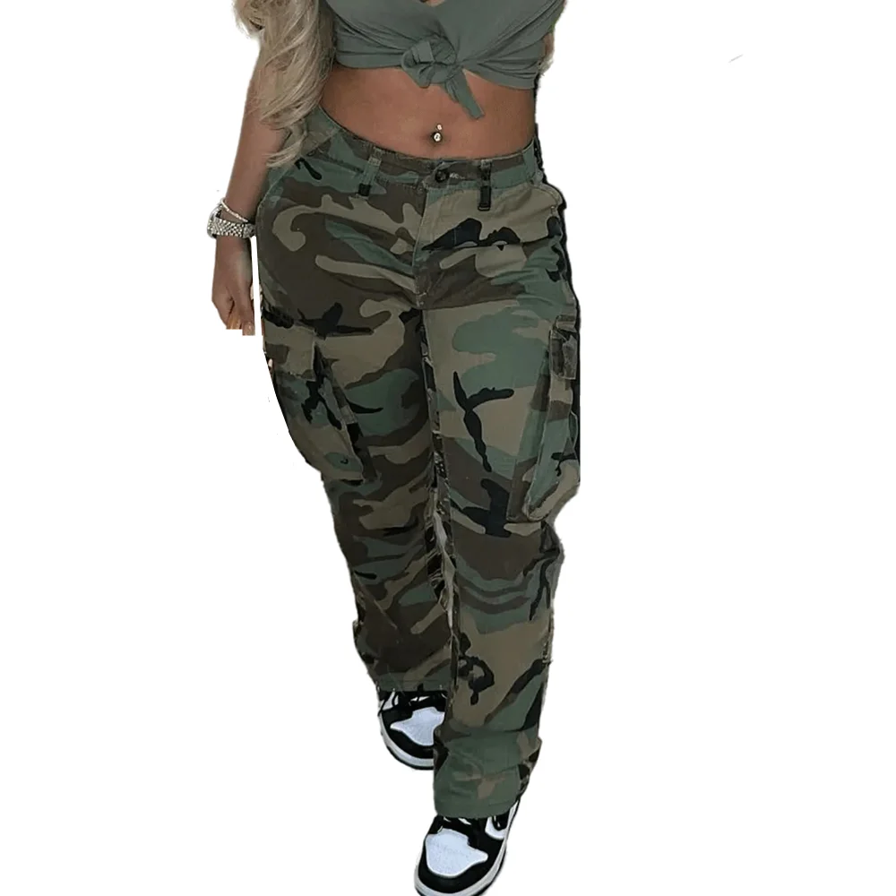 

Women's Military Camouflage Print Pants y2k High-waisted Straight Leg Streetwear Baggy Button Fly Camo Cargo Trousers