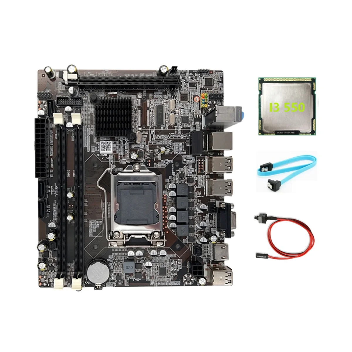 H55 Motherboard LGA1156 Supports I3 530 I5 760 Series CPU DDR3 Memory Motherboard+I3 550 CPU+SATA Cable+Switch Cable
H55 Motherboard LGA1156 Supports I3 530 I5 760 Series CPU DDR3 Memory Motherboard+I3 550 CPU+SATA Cable+Switch Cable