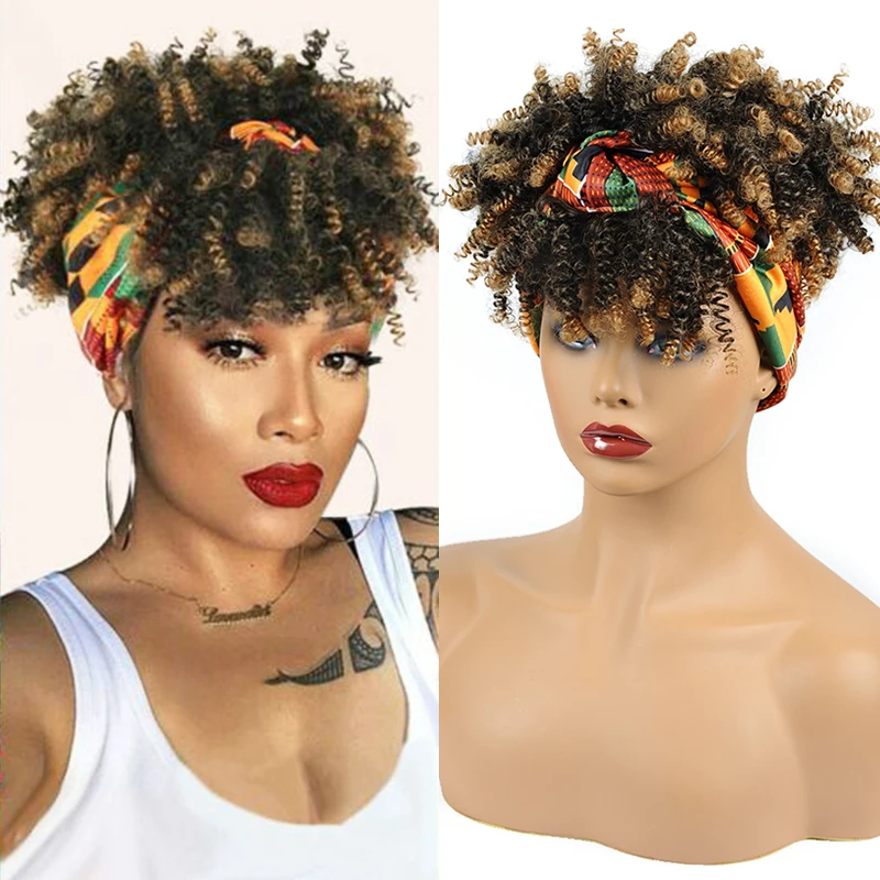 

Synthetic Hair Afro Kinky Curly Wig Ombre Color Curly Headband Wig with Bangs Short Fluffy Curls Head Wrap Wigs for Black Women