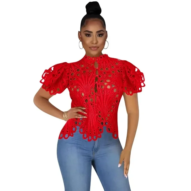 

Elegant Short Sleeve Hollow Out Mesh Lace T-shirt Sheer See Through Crop Top Women Summer Sexy Nightclub Party Blouses