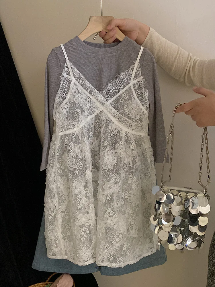 

2024Spring New Refined Handmade Lace Crocheted Suspender Skirt Gray, Long Sleeve Bandage Dress Suit Trendy Style All-Matching Je