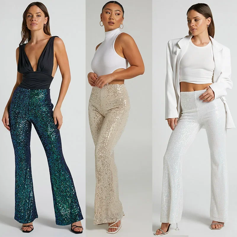 

Autumn/Winter Women's New Wide Leg Trousers Casual High Waisted Slim Sequined Women's Flared Trousers