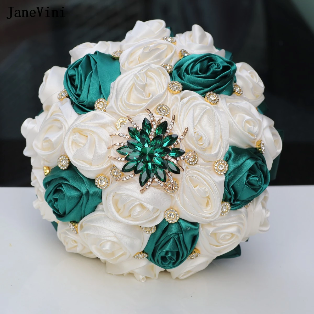 

JaneVini Dark Green Ivory Western Bridal Bouquets Bling Crystals Artificial Satin Roses Bride Bouquet Flower Wedding Accessories