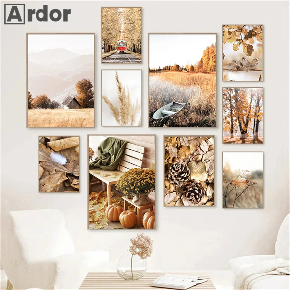 

Autumn Fall Leaves Canvas Poster Pumpkin Pine Art Prints Village Landscape Posters Painting Nordic Wall Pictures Bedroom Decor