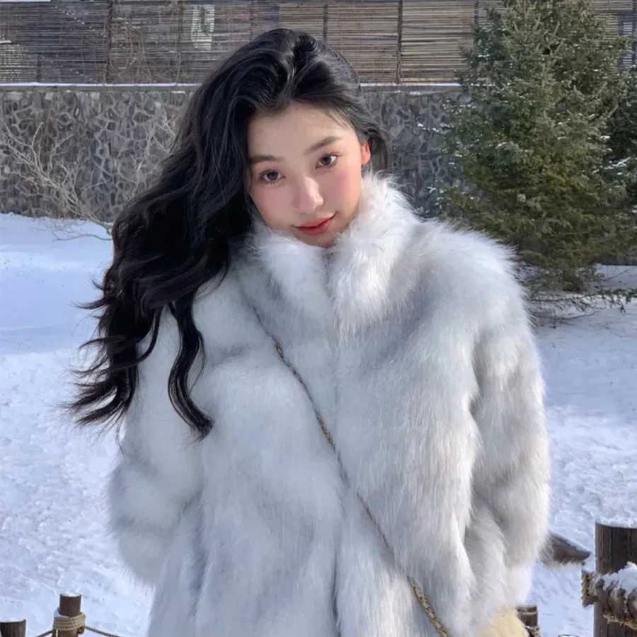 

2023 Winter New Yi Mengling Same Style Antique Environmental Protection Fur Standing Collar Short Style Fox Imitation Plush Coat