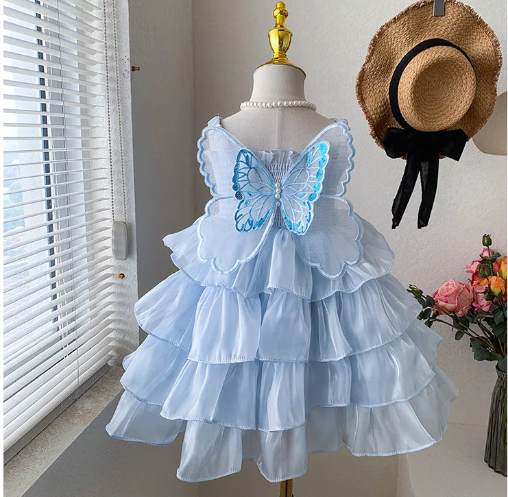 

Розничная продажа, новое платье с цветочным рисунком бабочки на спине для маленьких девочек, милое детское платье принцессы на день рождения, праздничное платье на 2-7 лет