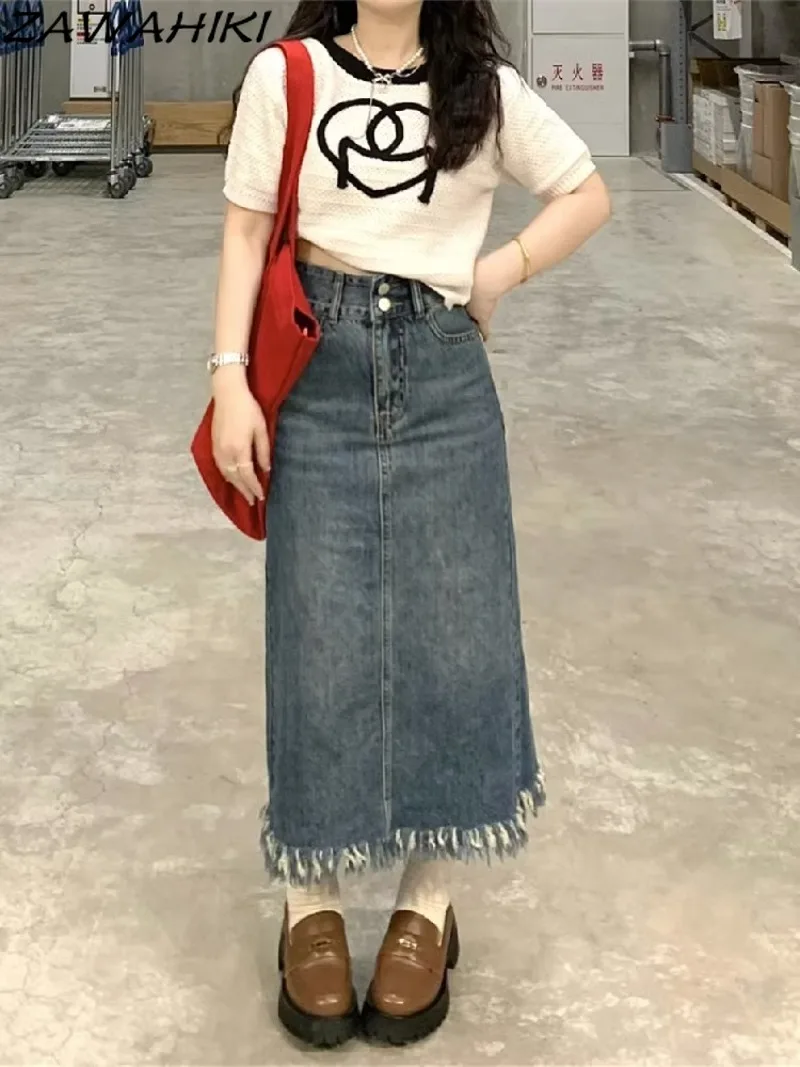 

ZAWAHIKI Spring Autumn Solid Color Tassel Y2K Aesthetic Denim Long Skirt Women High Waist Vintage Slit A-line Versatile Faldas