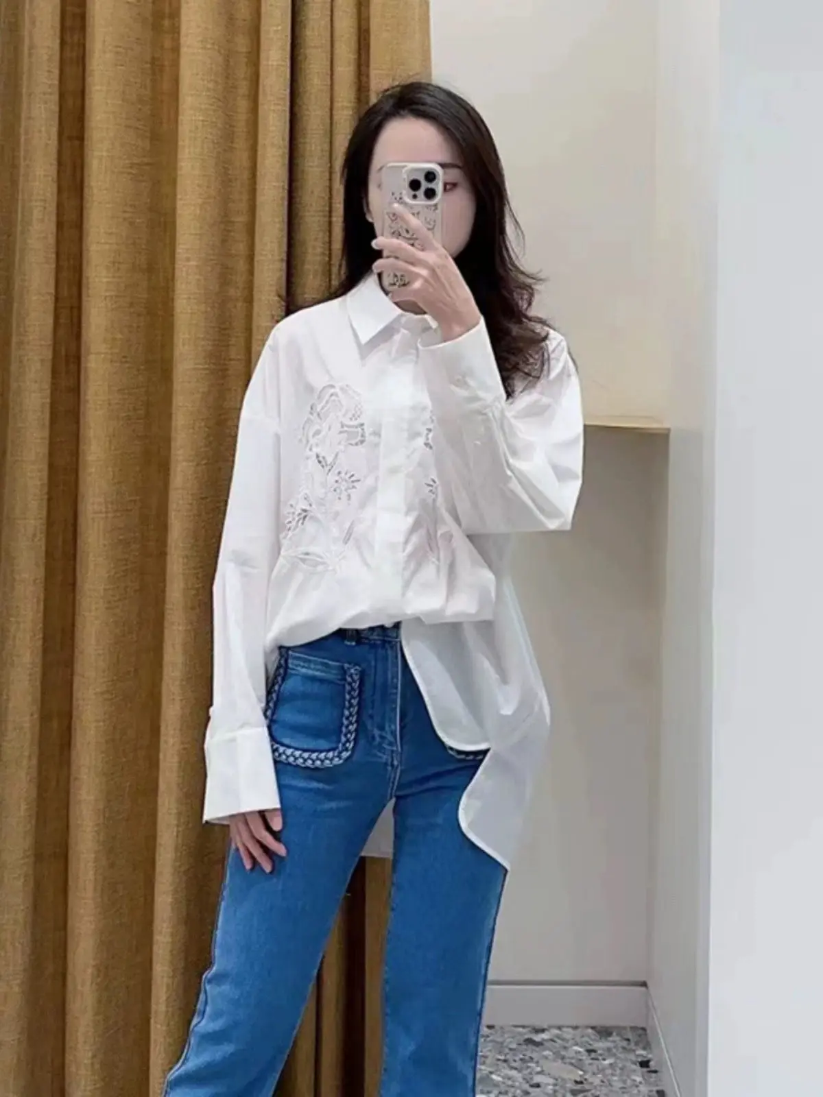 

Women's White Shirt Hollow Out Flower Embroidery 2024 Spring Summer New Ladies Long Sleeve Single Breasted Asymmetric Hem Tops