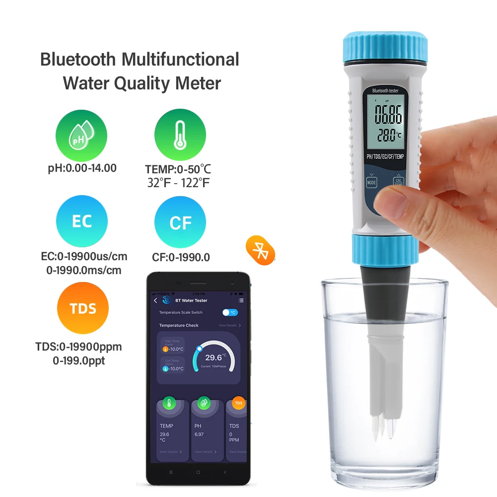 Digital BT PH Meter Water Quality Analyzer Thermometer PH/EC/CF/Temp/TDS Meter APP Control for Drinking Water Pool Aquarium
Digital BT PH Meter Water Quality Analyzer Thermometer PH/EC/CF/Temp/TDS Meter APP Control for Drinking Water Pool Aquarium
