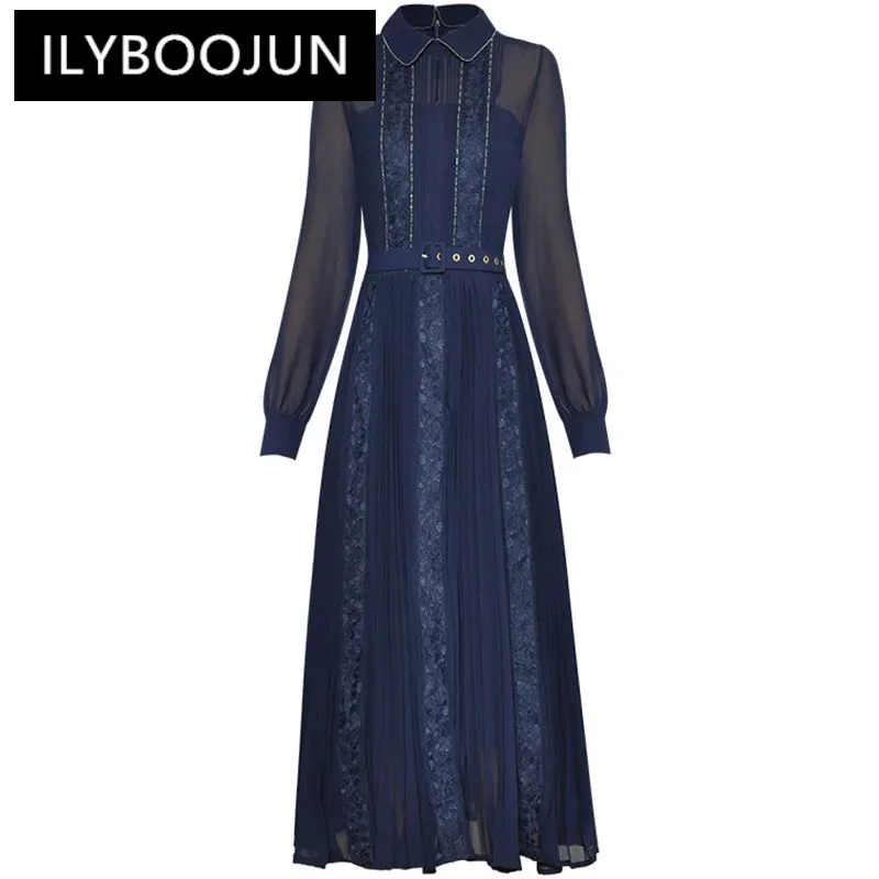 

ILYBOOJUN Autumn Fashion Runway Dark Blue Vintage Pleated Dress Women's Lapel Sashes Gathered Waist Lace Spliced Slim Long Dress