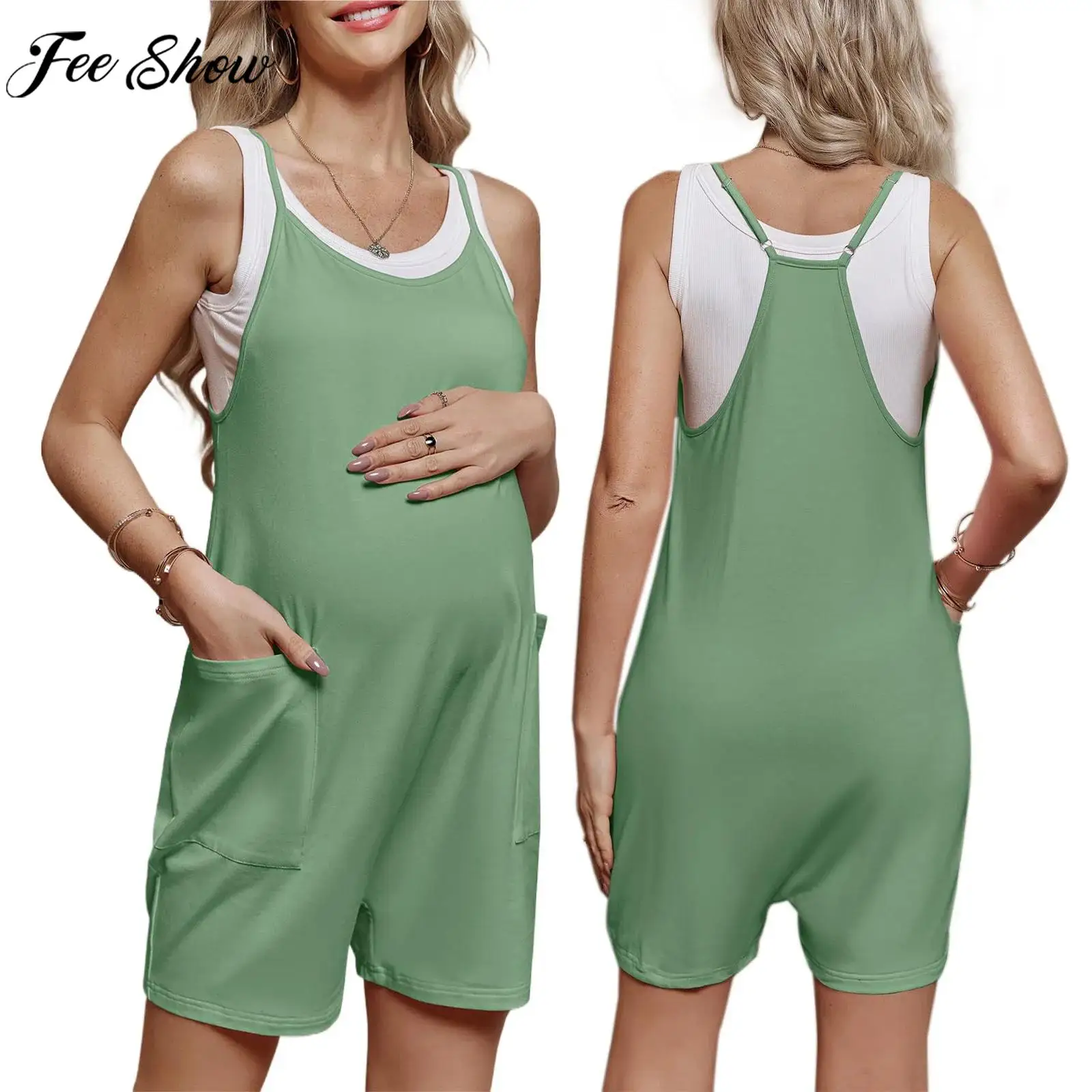 

Pregnant Women Sleeveless Overall Shorts Jumpsuit Maternity Summer Casual Romper Bodysuit with Pockets for Daily Work Home Beach