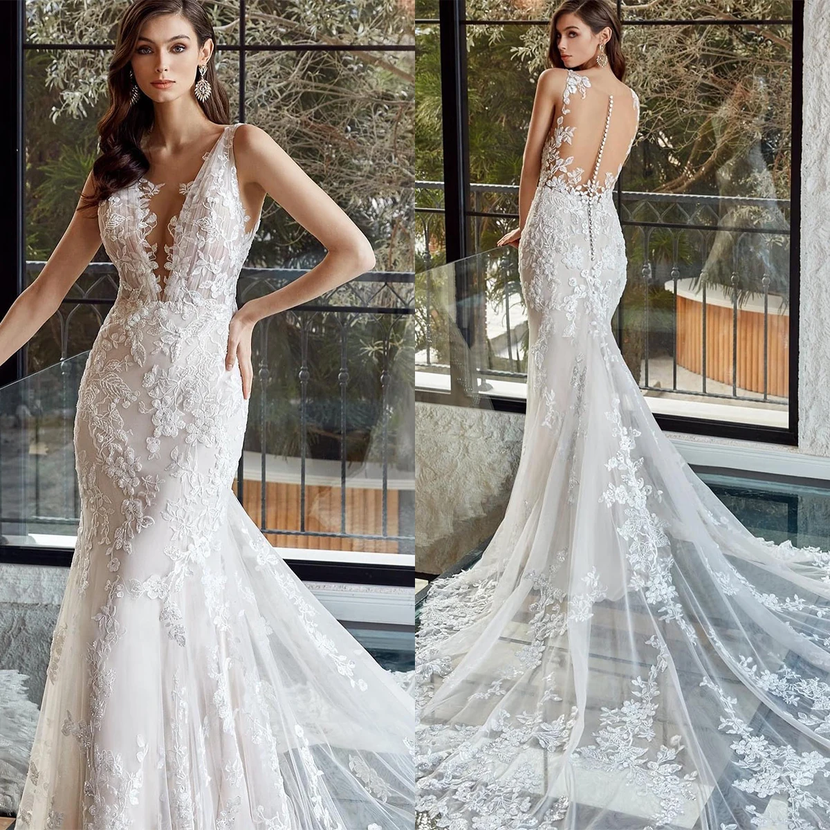 Glamorous Mermaid Bridal Gowns V Neck Sleeveless Spaghetti Straps Floral Appliques Wedding Dress Custom Made Vestido de novia
Glamorous Mermaid Bridal Gowns V Neck Sleeveless Spaghetti Straps Floral Appliques Wedding Dress Custom Made Vestido de novia