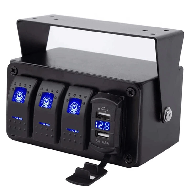 

3 Gang Rocker Toggle Switch Panel With 4.8 A Dual USB Fast Charge & Voltmeter Marine Boat Truck Car 12V-24V Blue Led